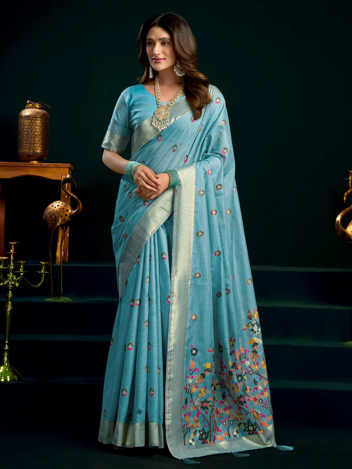 Tarani sky blue Munga Cotton Mina Work saree full view with zari border and floral pallu for wedding wear