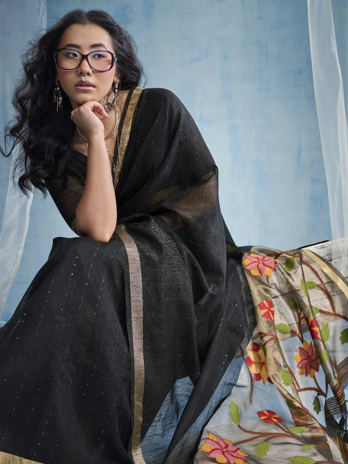 Tarani Samira black Pure Munga Silk saree closeup view with delicate handloom weaving details