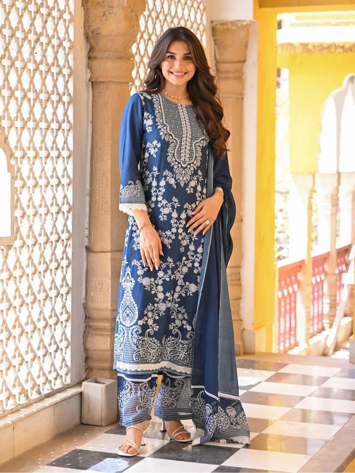 Tarani navy blue muslin dress with embroidery and dupatta full view for festive occasions