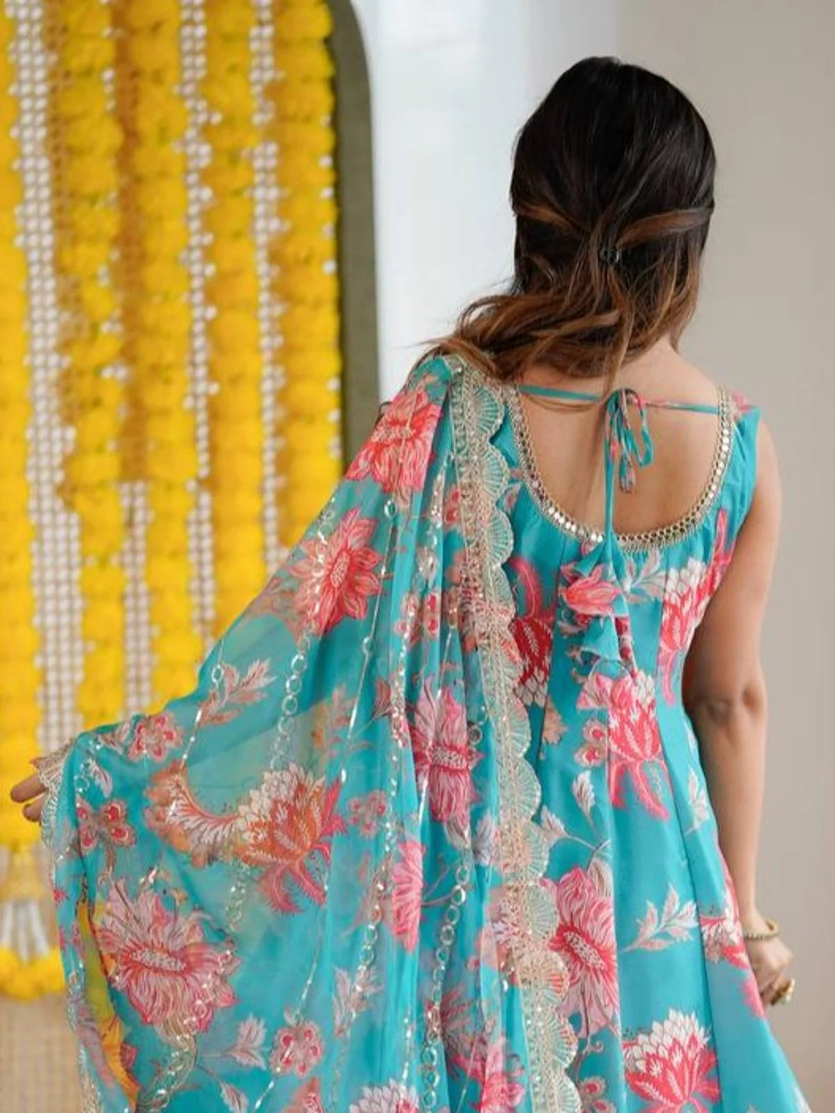 Tarani turquoise muslin Anarkali dress back view showing tie-up and dupatta