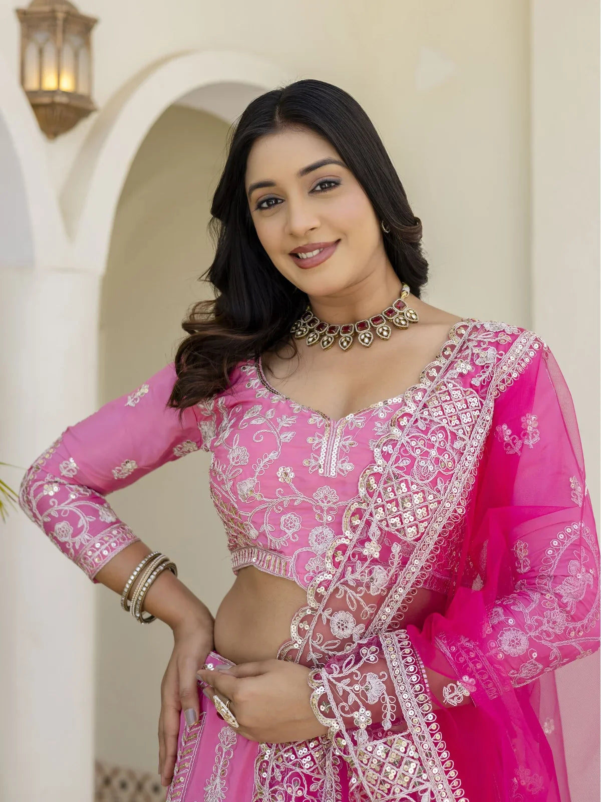 Tarani pink lehenga with blouse embroidery close-up and front dupatta view in crap silk