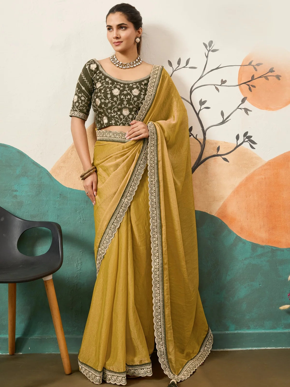 Tarani mustard NC Moss saree full view with embroidered blouse and designer border for festive wear