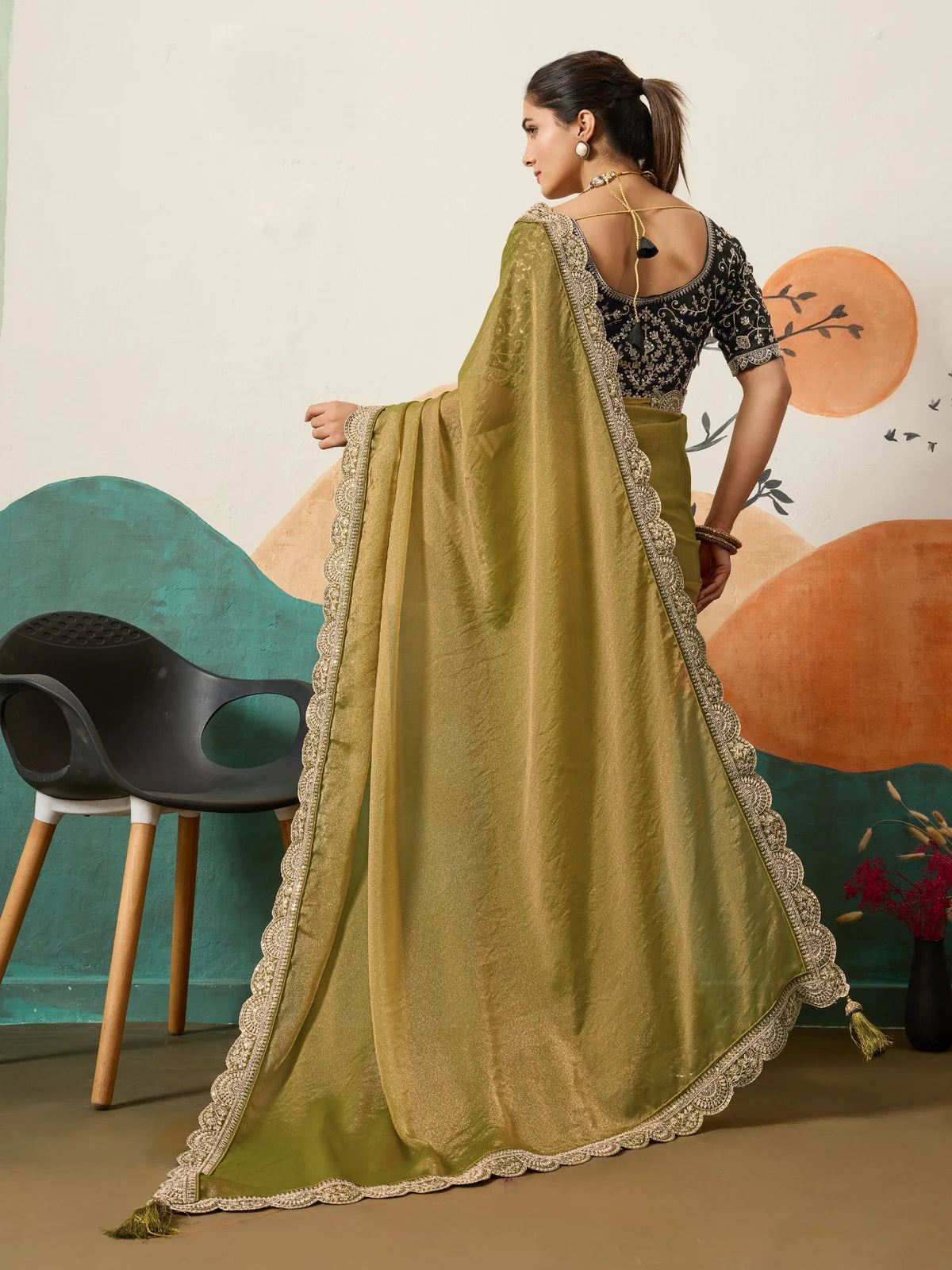 Tarani olive green NC moss fabric saree elegant back drape view