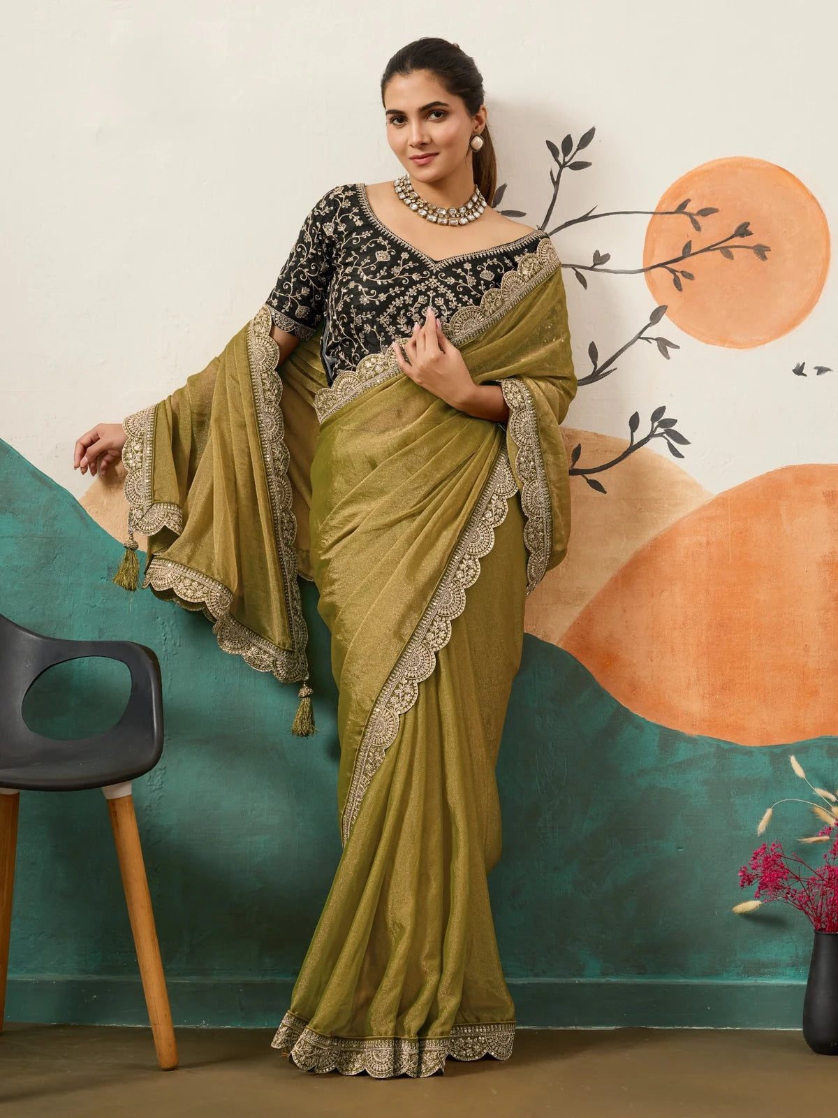 Tarani olive green designer saree with coding sequins work front pose