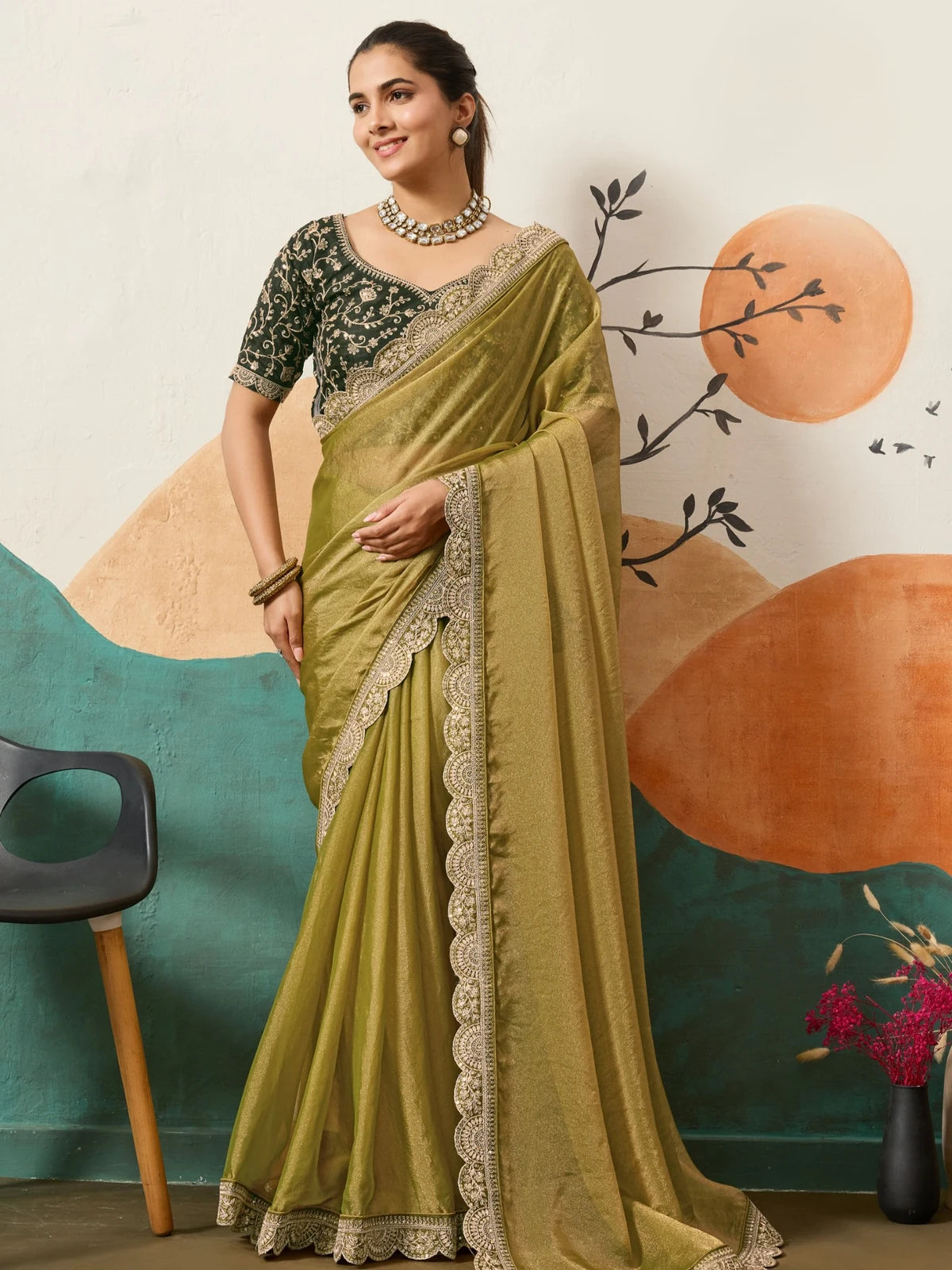 Tarani olive green NC moss saree with designer border and embroidered blouse full view