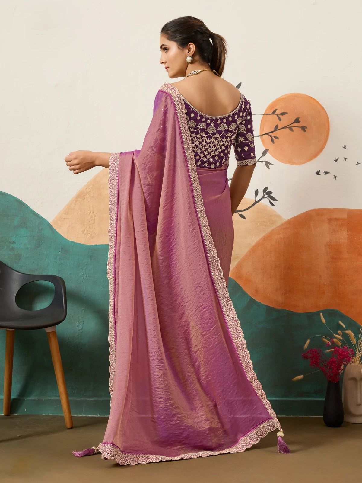 Tarani purple NC moss fabric saree back view with detailed blouse pattern and border