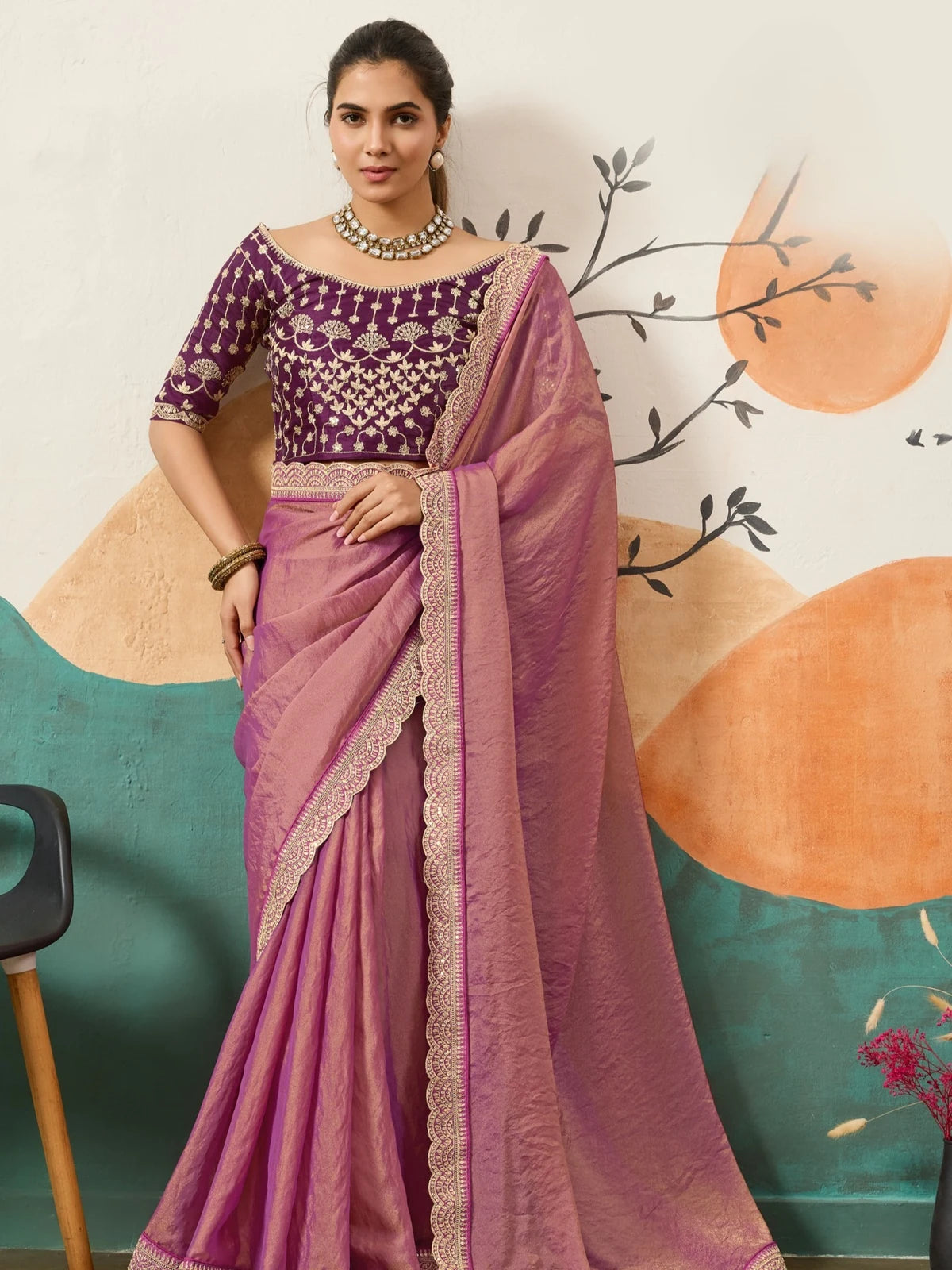 Tarani purple NC moss saree front view with embroidered blouse for wedding and festive wear