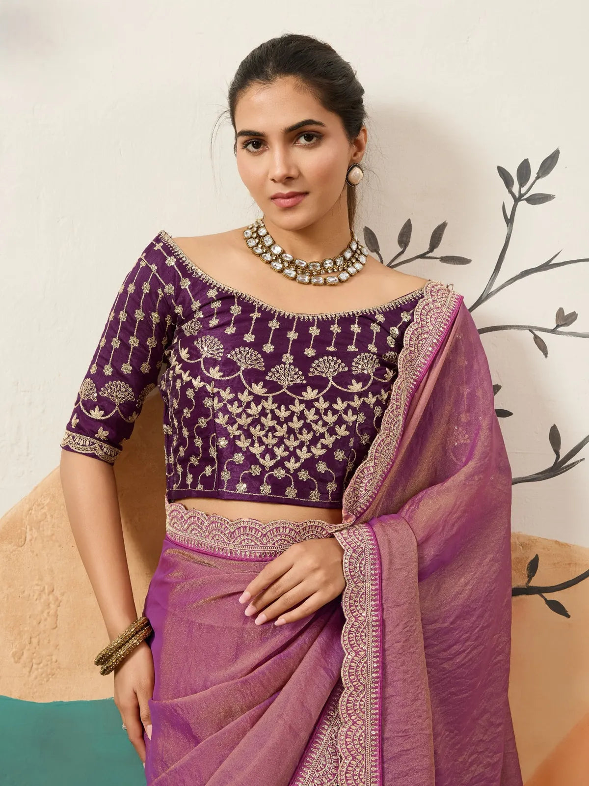 Tarani purple designer saree upper body view with sequins embroidered Banglori silk blouse