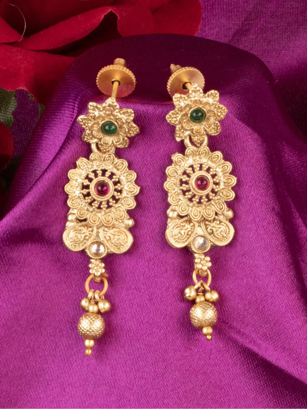 Tarani long earrings from gold plated necklace set with multicolor stone work for weddings and parties