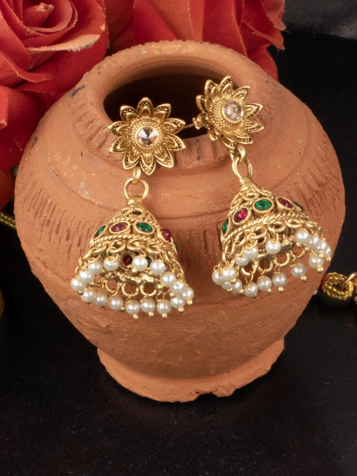 Tarani necklace set with matching jhumka earrings designed for festive wear