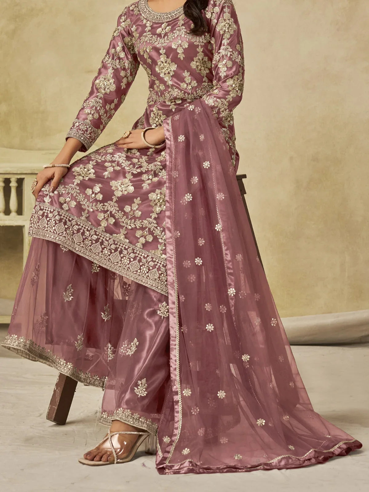 Tarani mauve designer net fabric closeup showing detailed embroidery and zari work