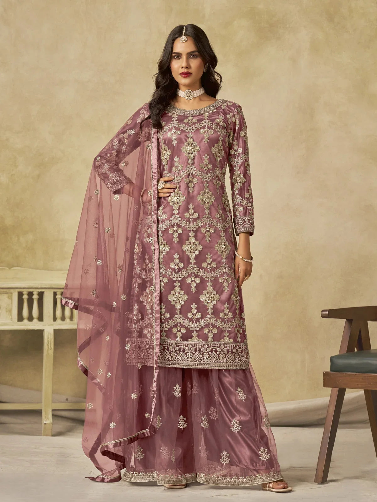 Tarani mauve embroidered net sharara palazzo suit full view for festive and wedding occasions