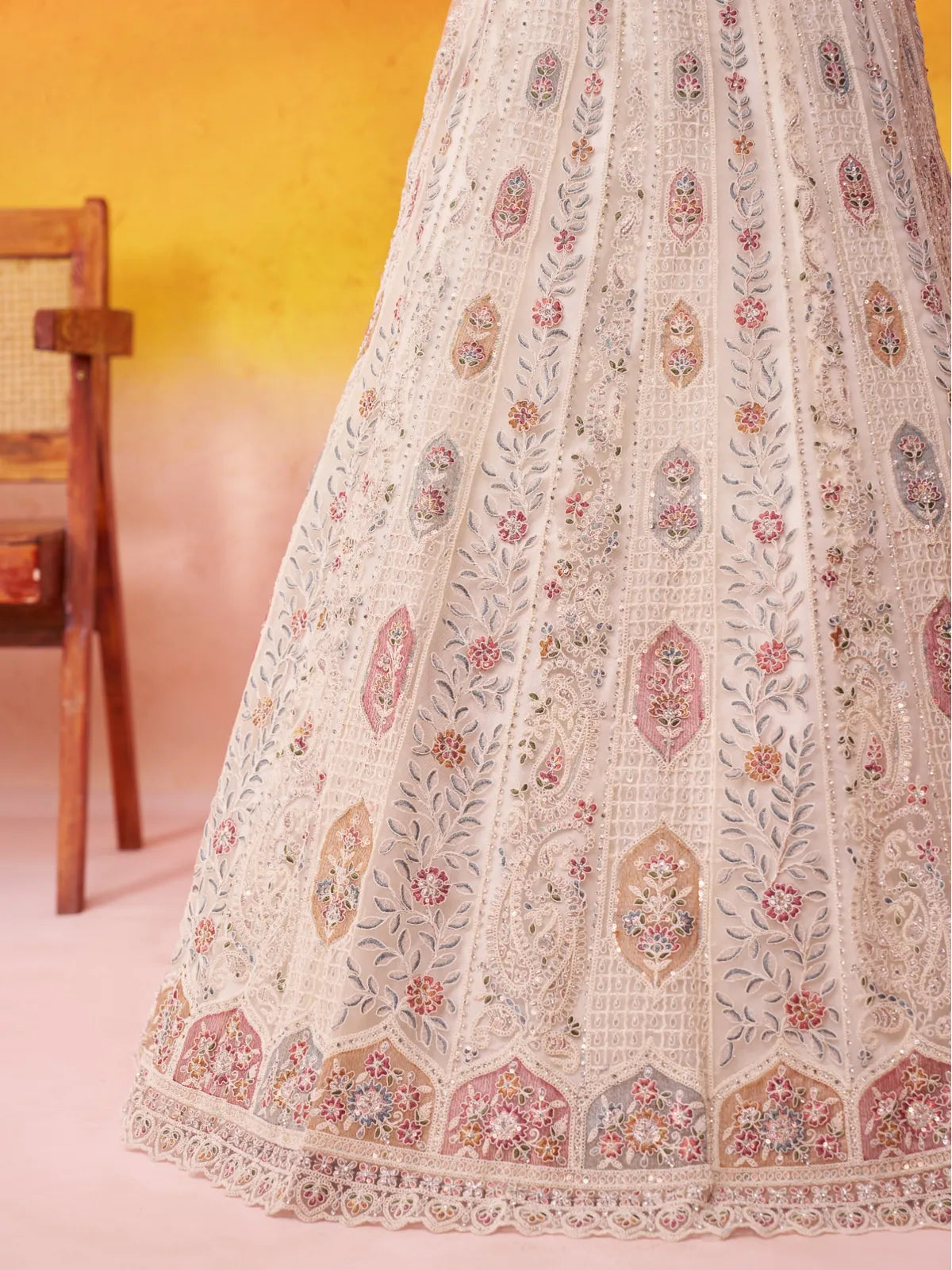 Tarani closeup of embroidery with multicolor floral thread and sequins on net fabric