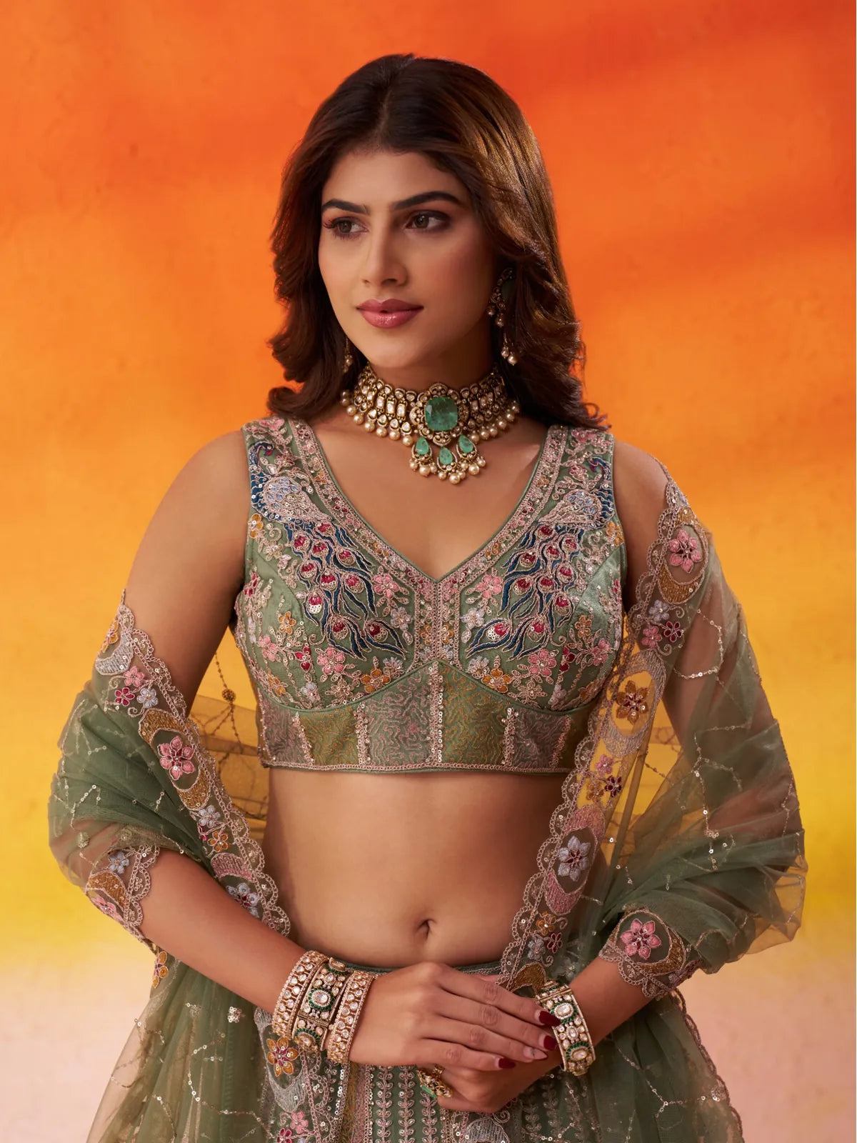 Tarani premium net lehenga in green with close-up embroidered blouse and neckline