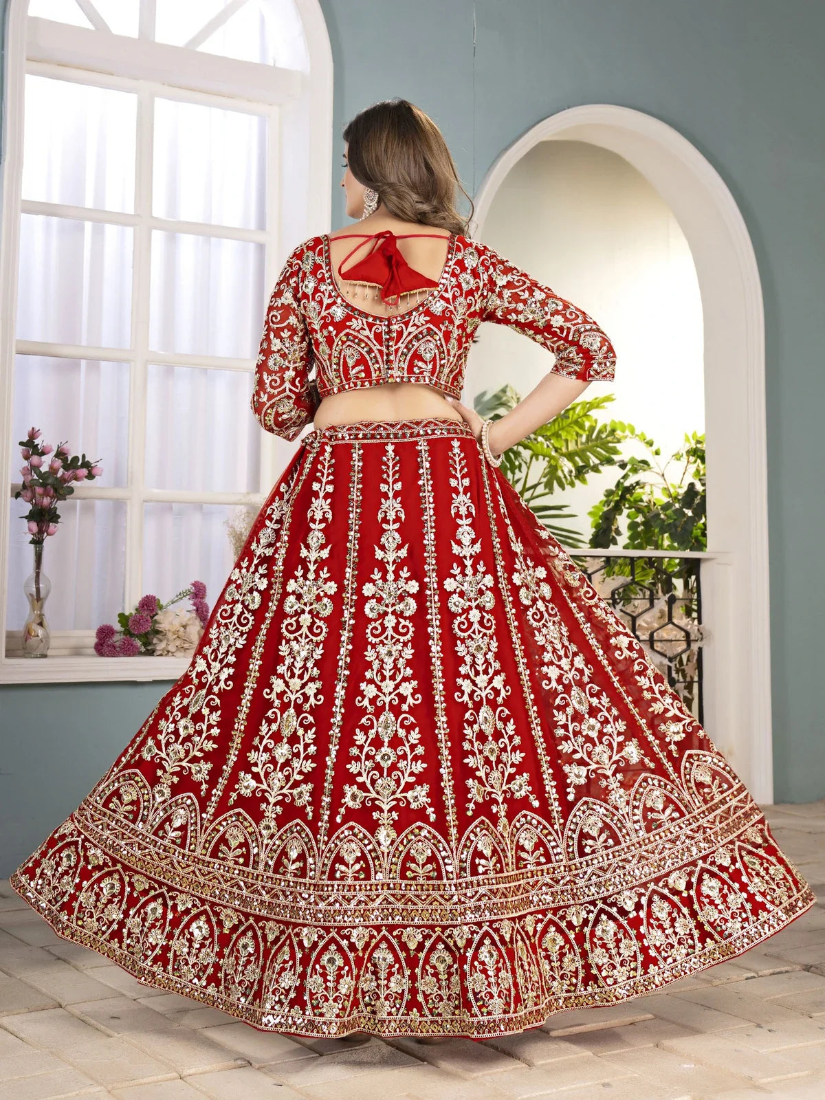 Tarani red net lehenga with embroidery design full back view