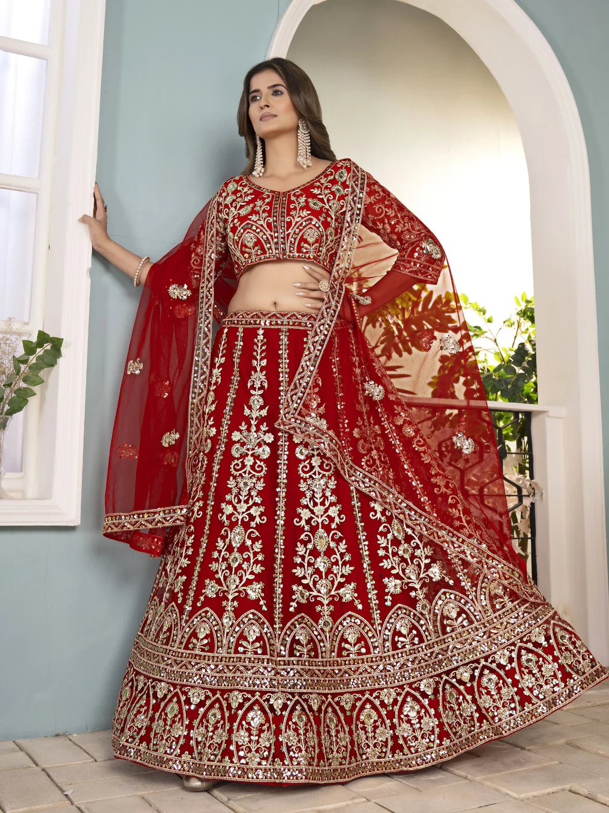 Tarani premium red net lehenga with dupatta side view