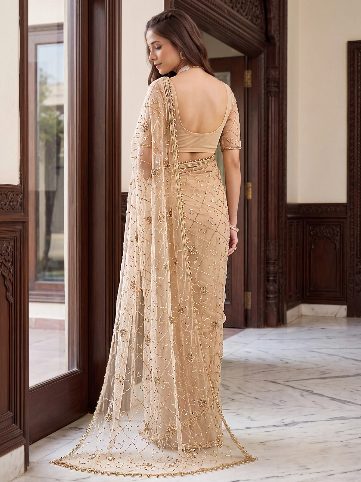 Tarani beige net saree back blouse view