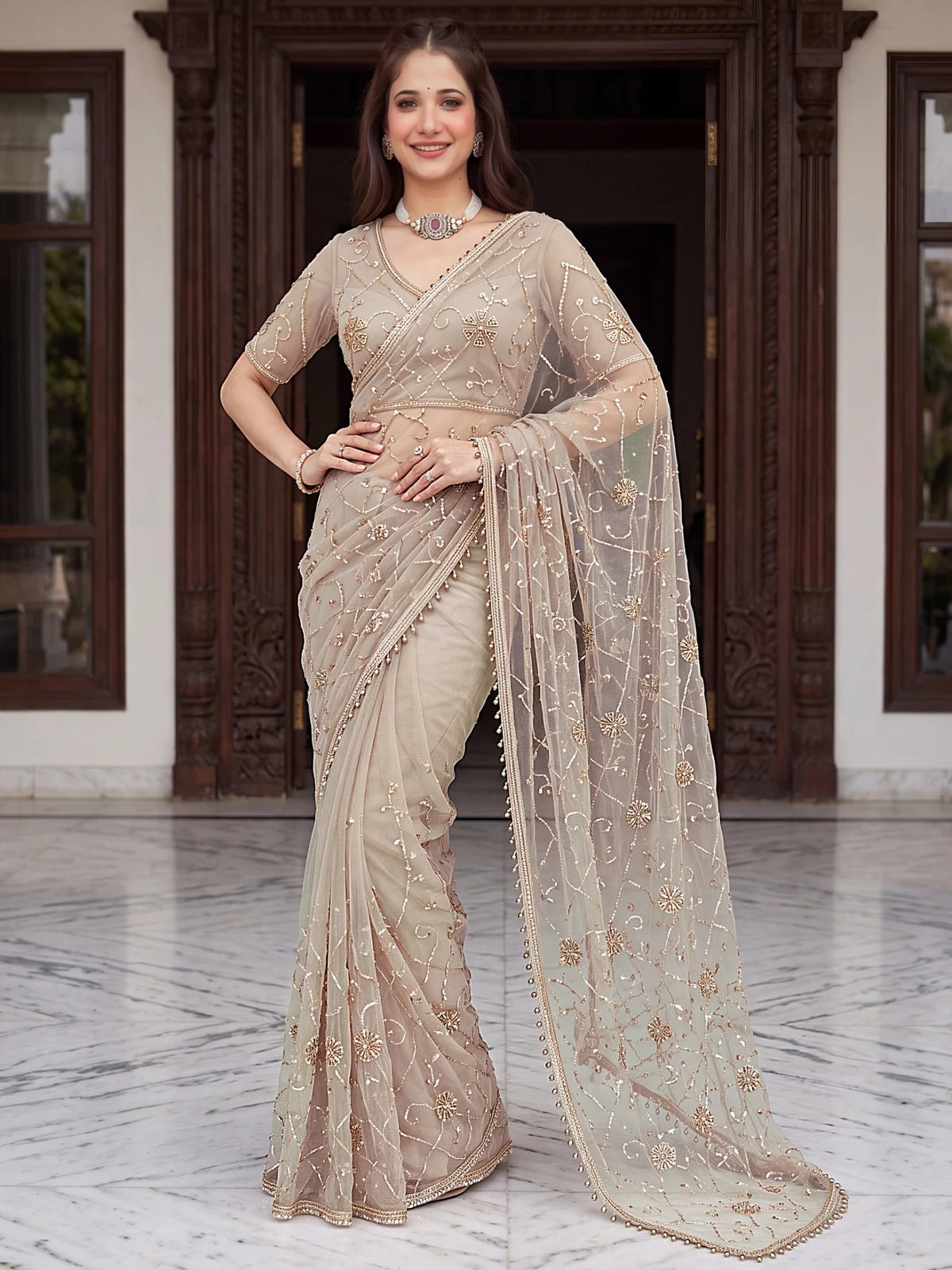 Tarani beige net saree with beads sequence pearls embroidery front-view