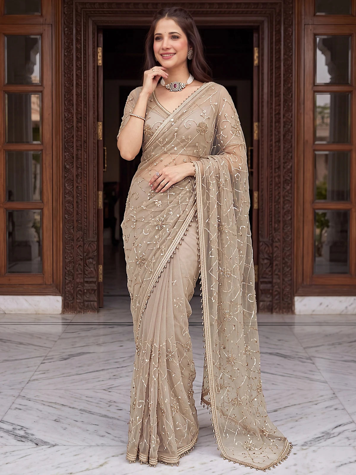 Tarani beige net saree with beads sequence pearls embroidery side-view