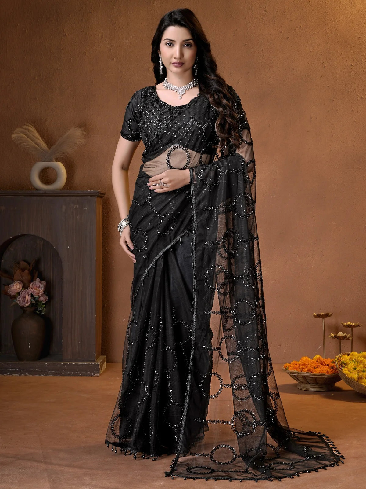Tarani black net saree with beads sequence and pearl embroidery full front view