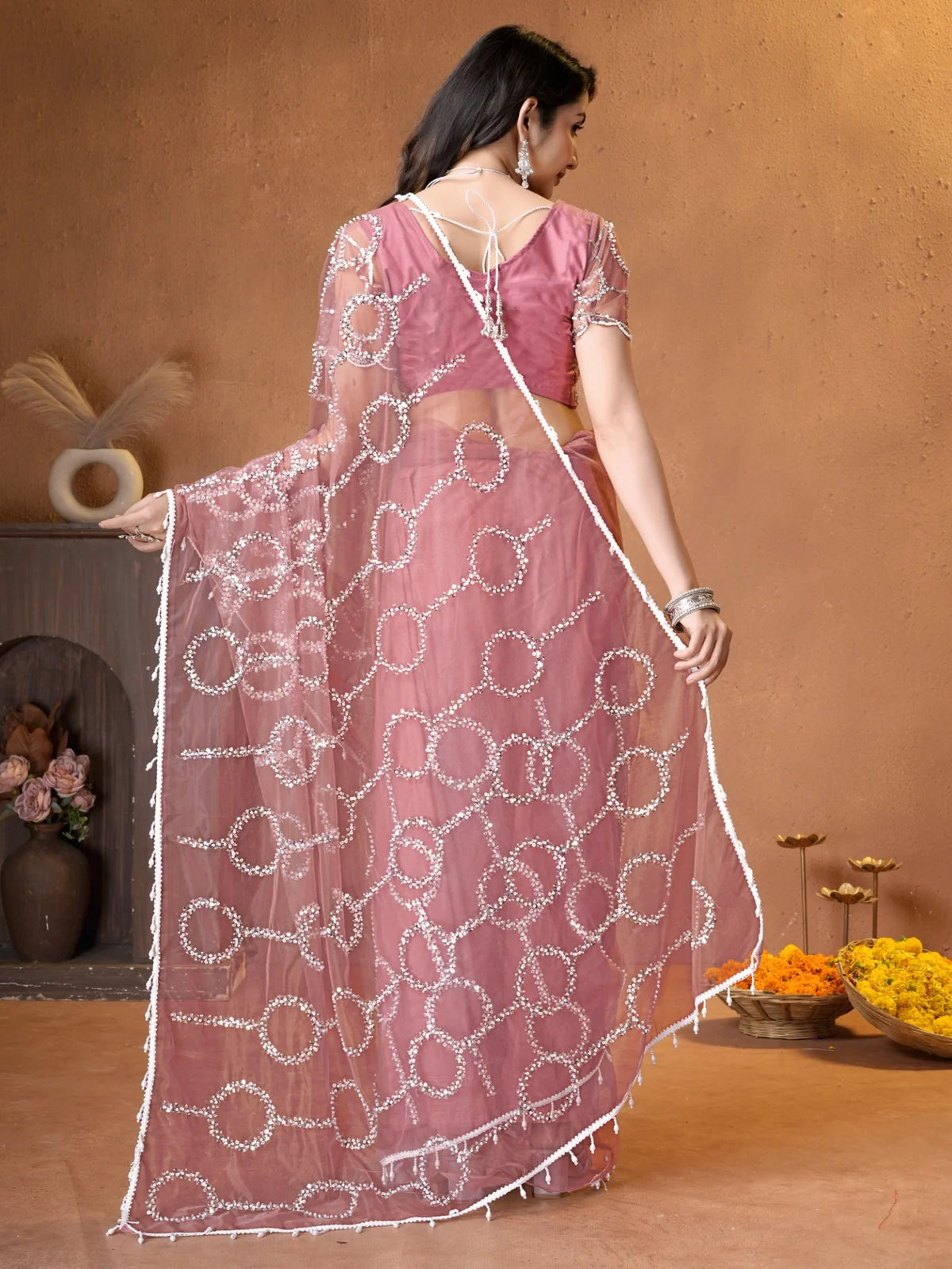 Tarani dusty pink net saree with beads sequence pearls embroidery back-view