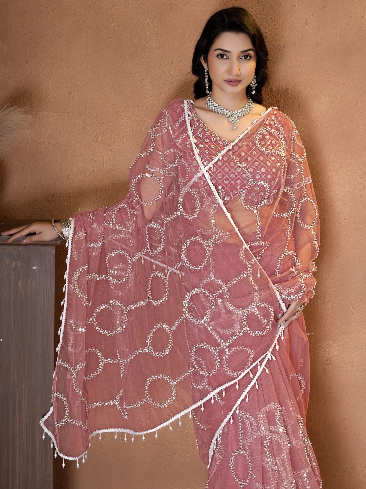 Tarani dusty pink net saree with beads sequence pearls embroidery front-view
