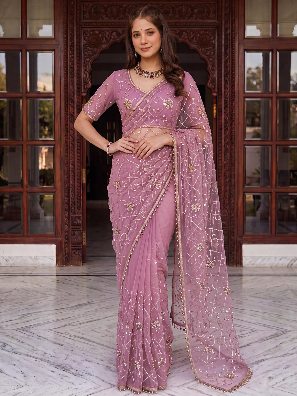 Tarani lavender net saree with beads sequins pearls embroidery front-view view Swasti