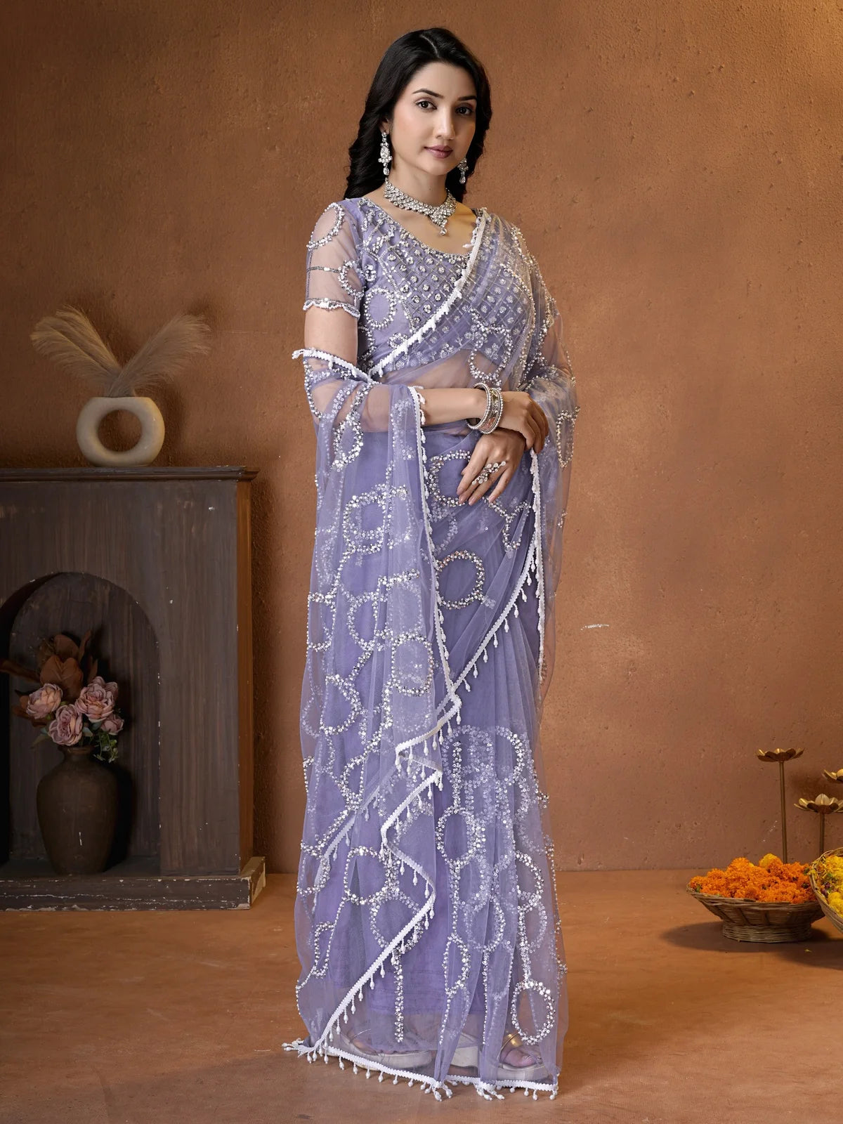 Tarani lavender net saree with beads sequins pearls embroidery side view