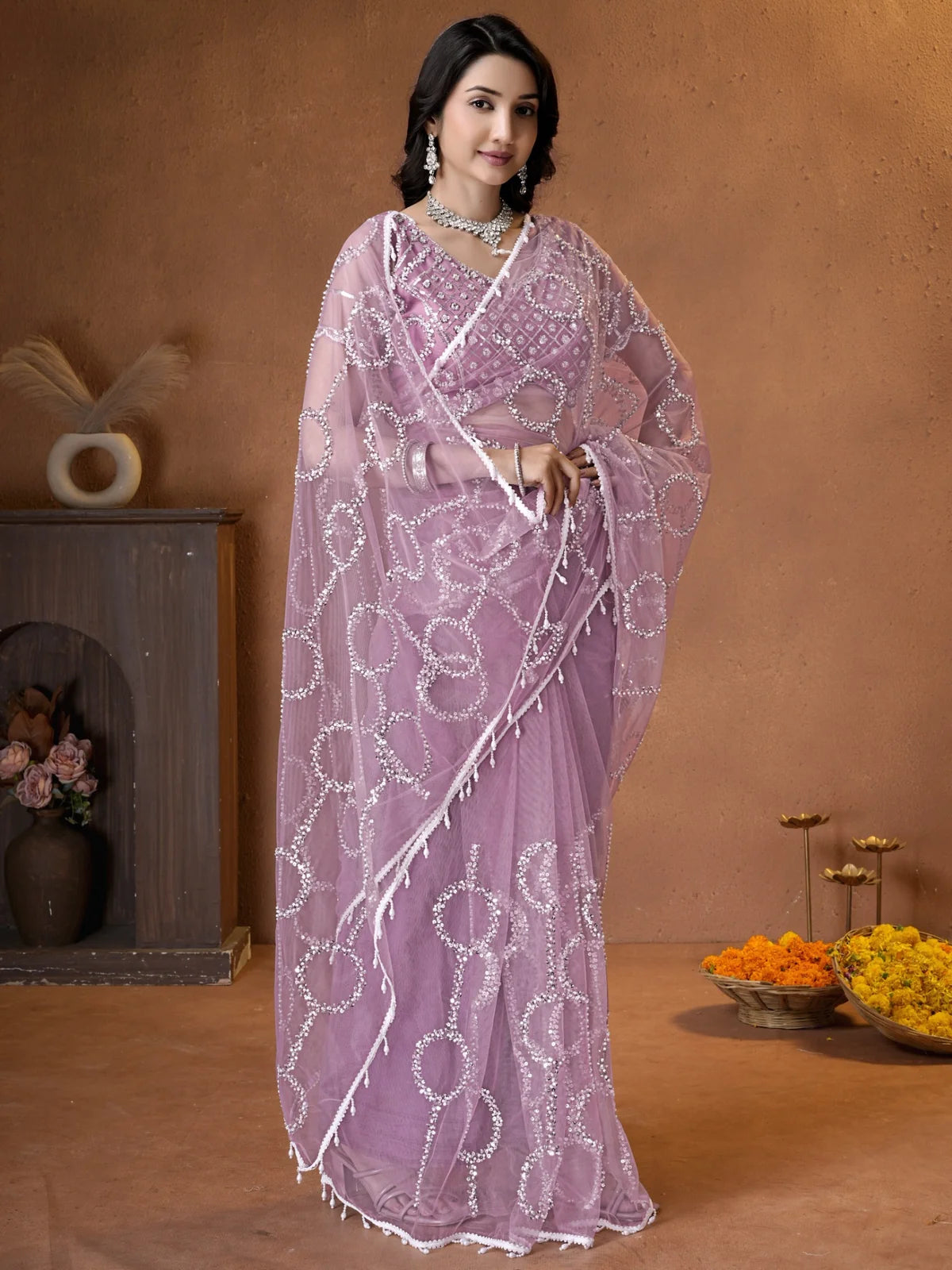 Tarani lavender net saree side view elegant drape