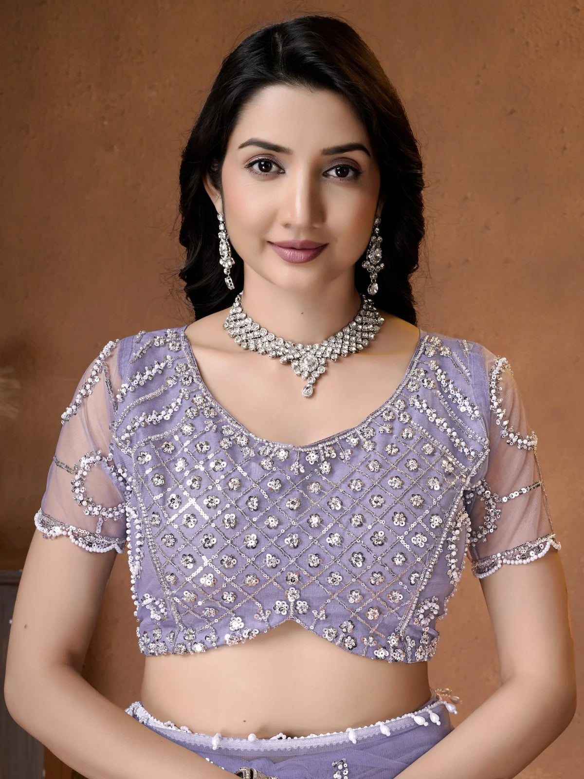 Tarani lavender net saree with beads sequins pearls embroidery upper body view