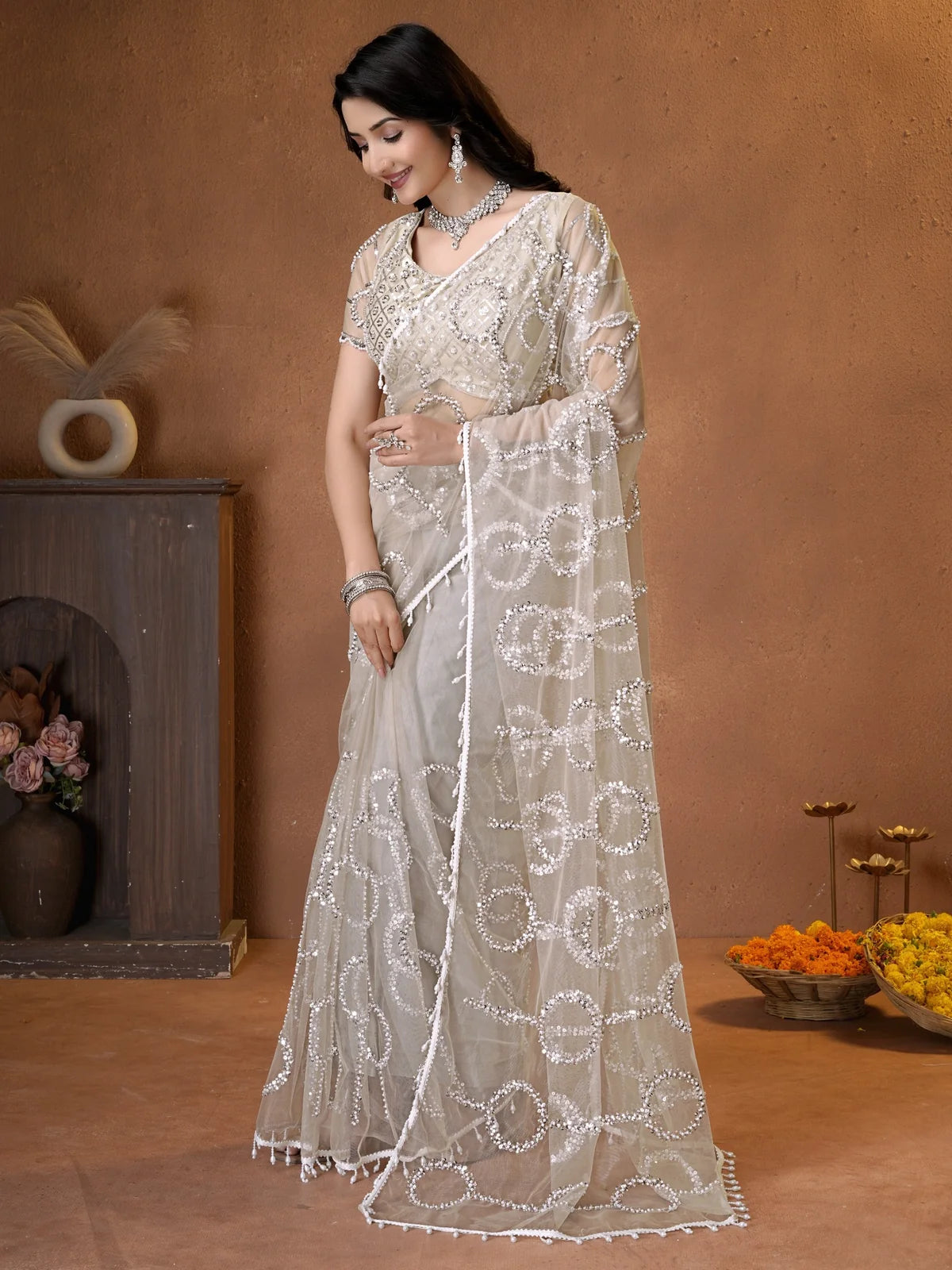 Tarani white net saree with beads sequence pearls embroidery front-view
