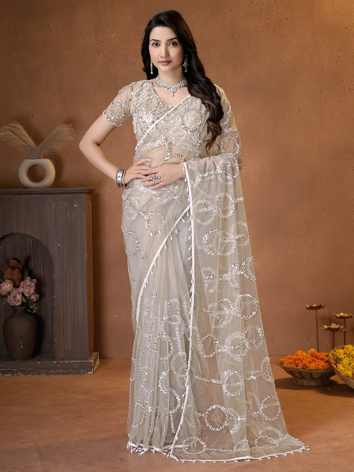 Tarani white net saree with beads sequence pearls embroidery full-view