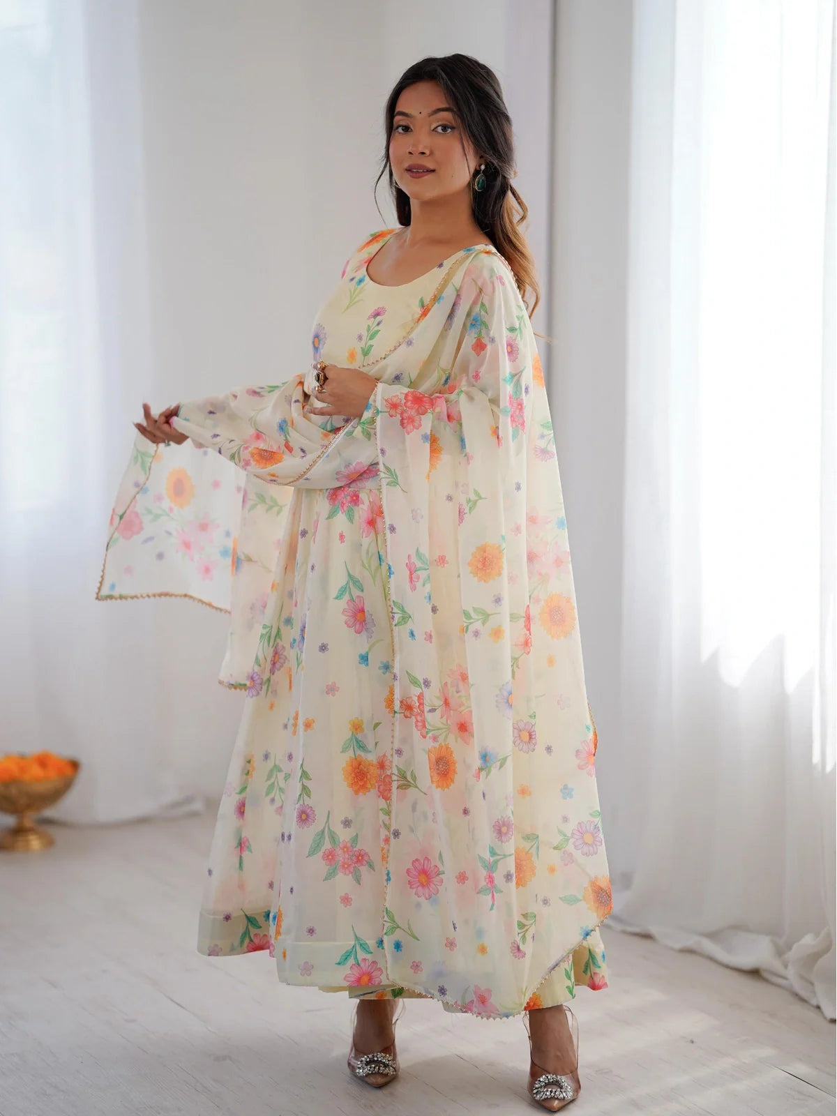 Tarani yellow organza floral printed gown full view with dupatta for festive and ceremonial events