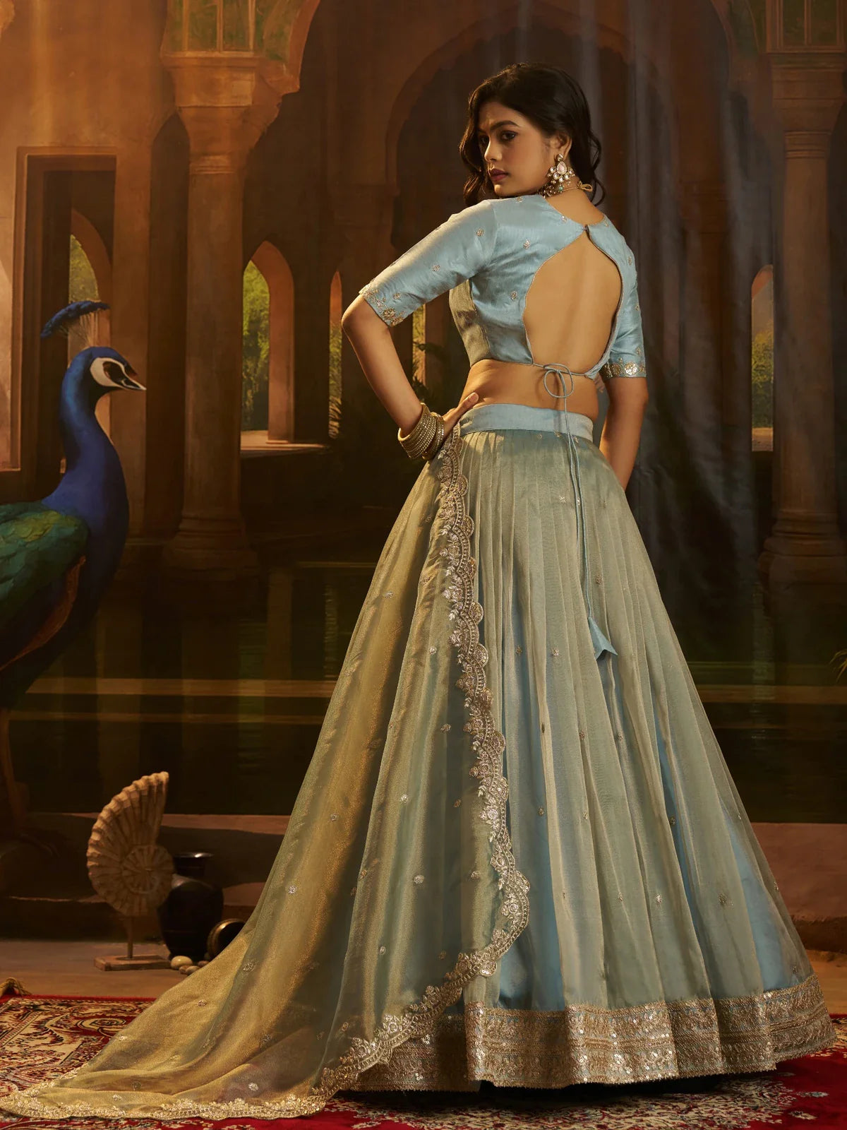 Tarani organza lehenga back view with designer open blouse and flowing dupatta