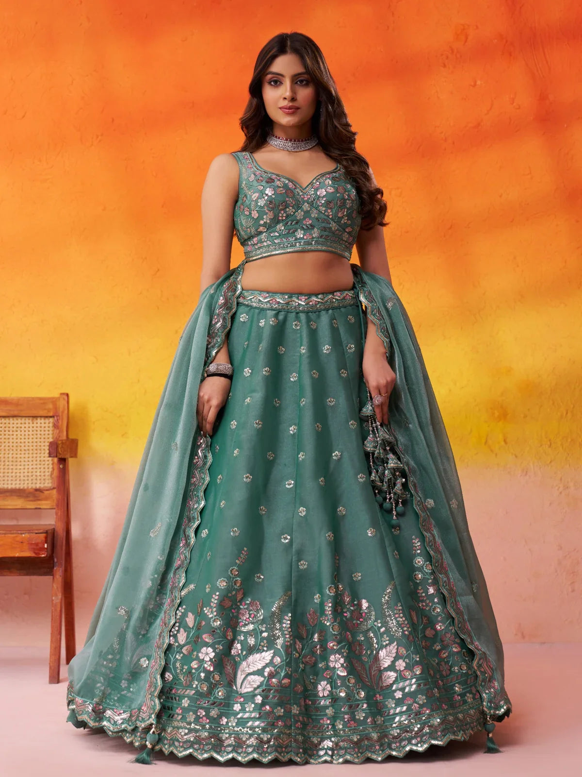 Tarani premium green organza lehenga with sequin embroidery and blouse, full view for wedding occasions