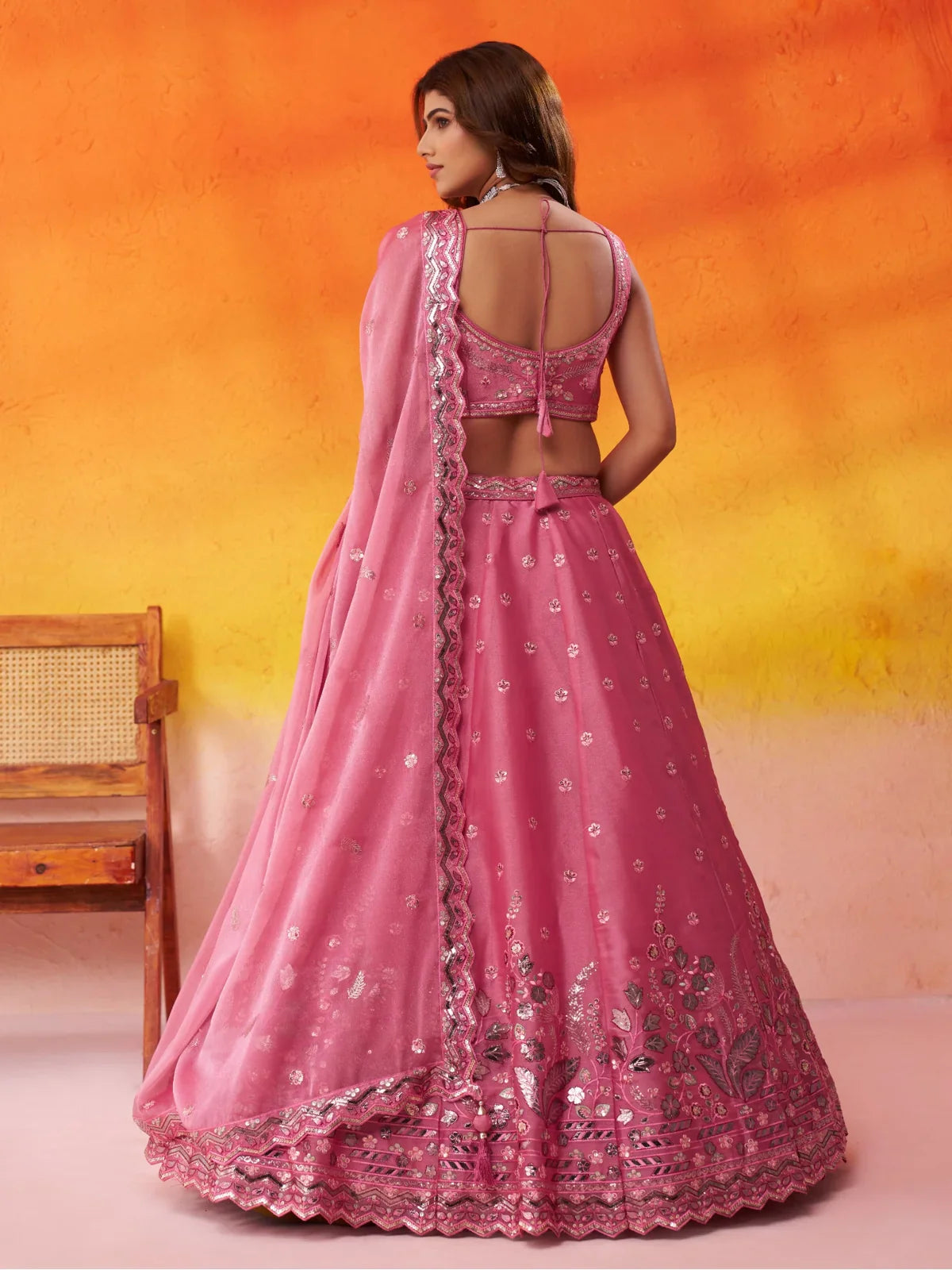 Tarani lehenga back view with blouse back dori and detailed embroidered dupatta