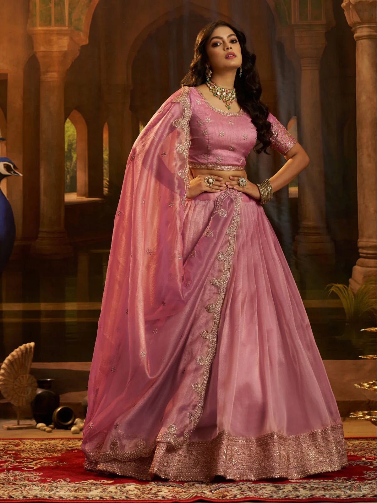 Tarani pink organza lehenga with blouse and dupatta full view on model for weddings and festive occasions