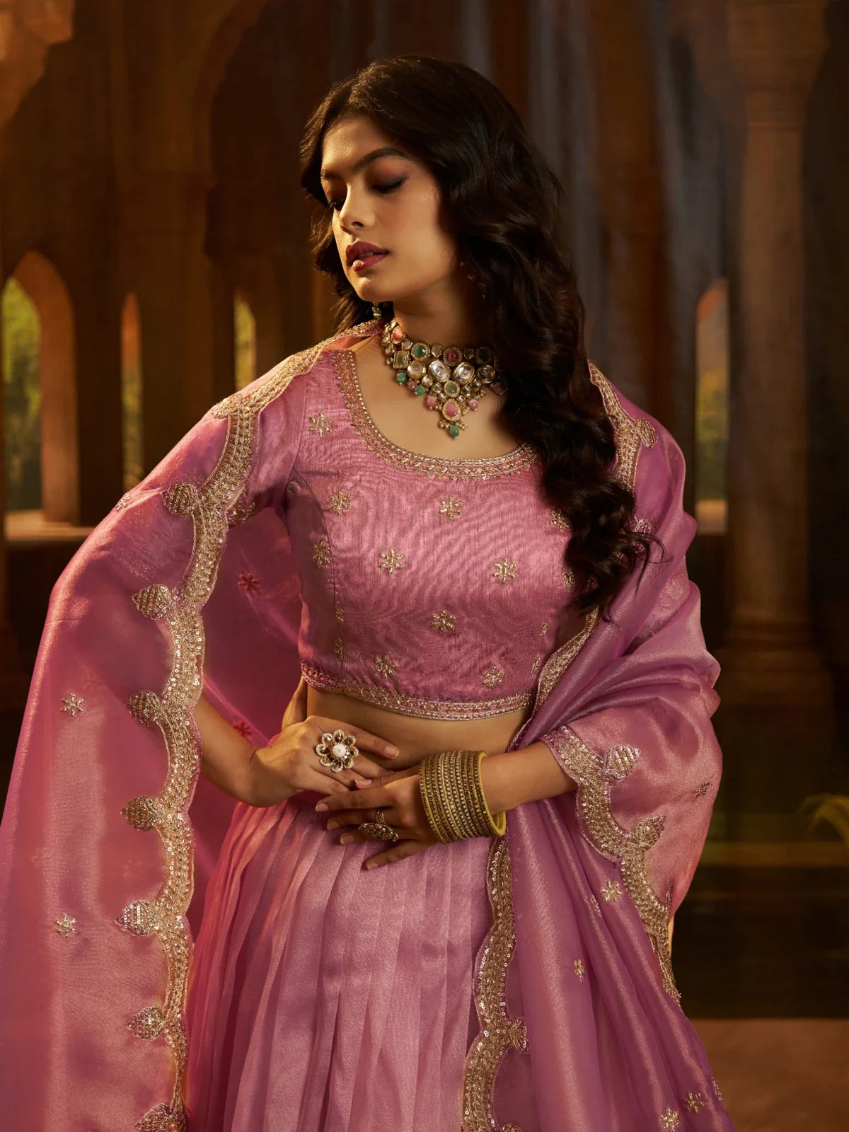 Tarani organza lehenga upper body view showing embroidered blouse and scallop dupatta