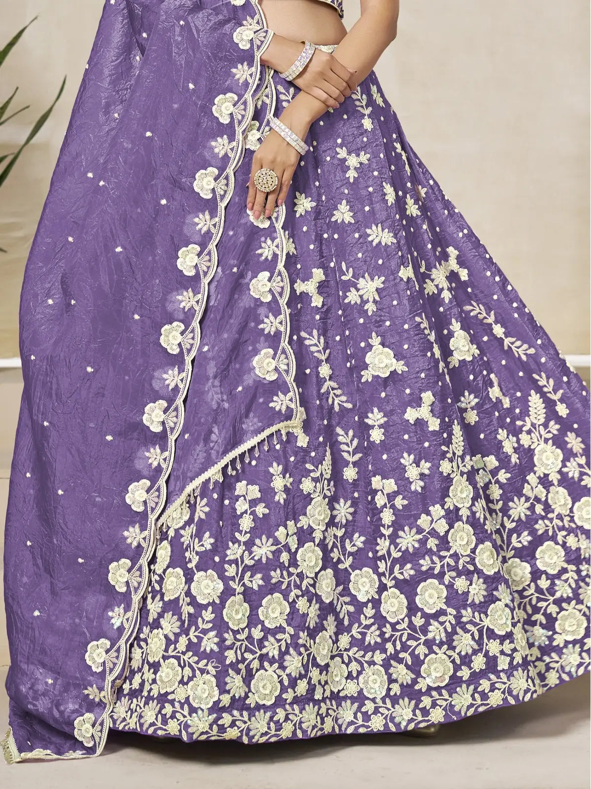 Tarani purple organza lehenga closeup embroidery detailing