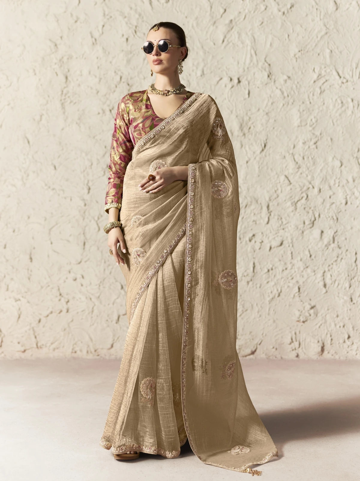 Tarani beige organza saree with embroidered border and printed blouse full view for festive party wear