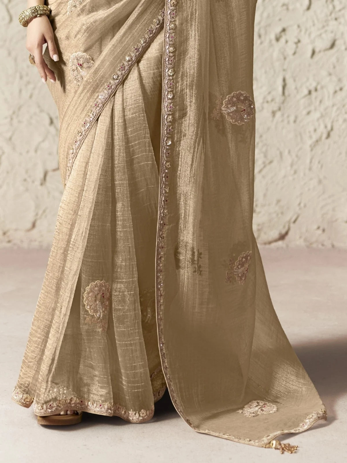 Tarani beige embroidered organza saree pallu and border closeup with delicate sequins detailing
