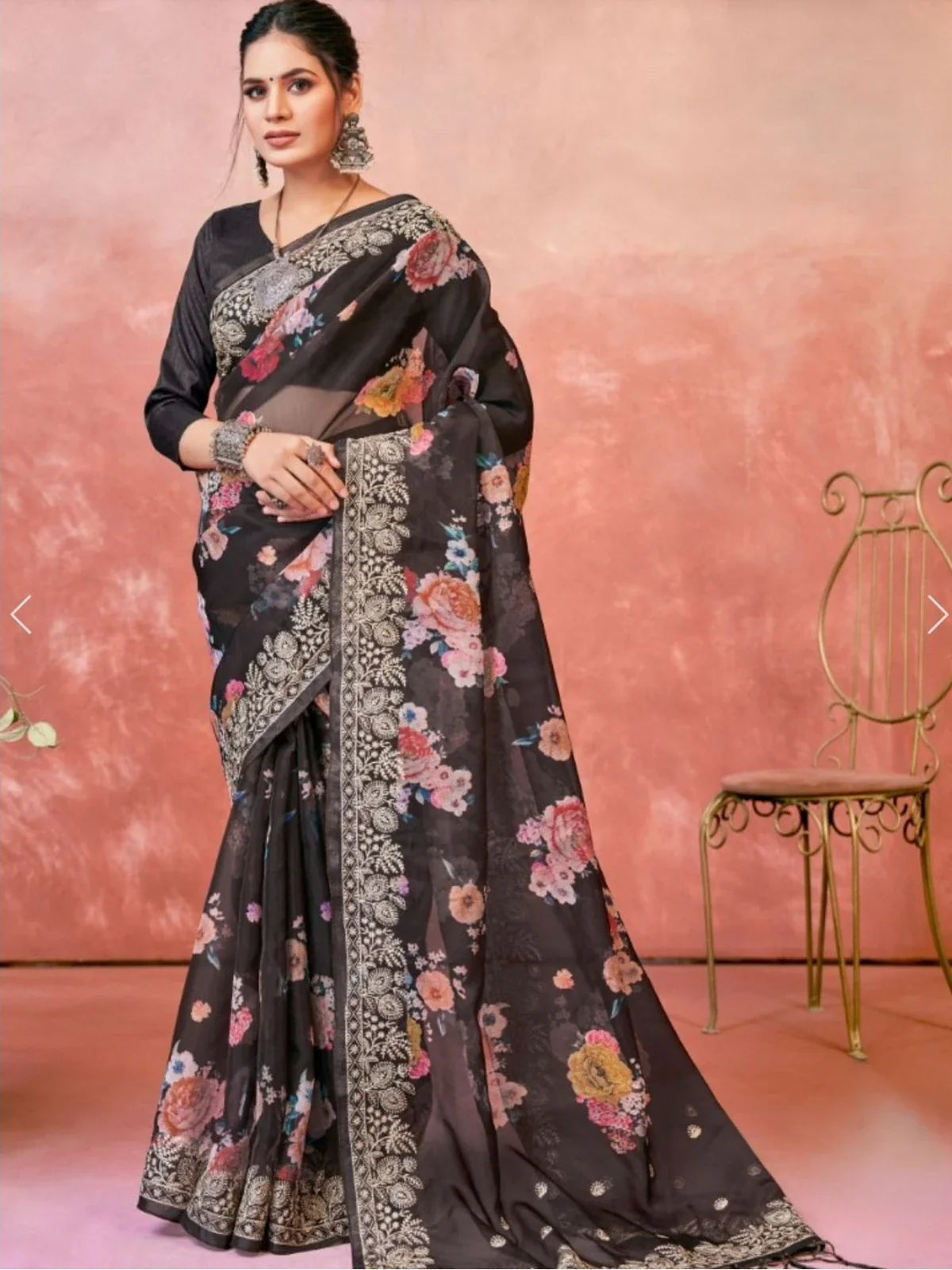 Tarani elegant black floral organza saree full view with intricate border