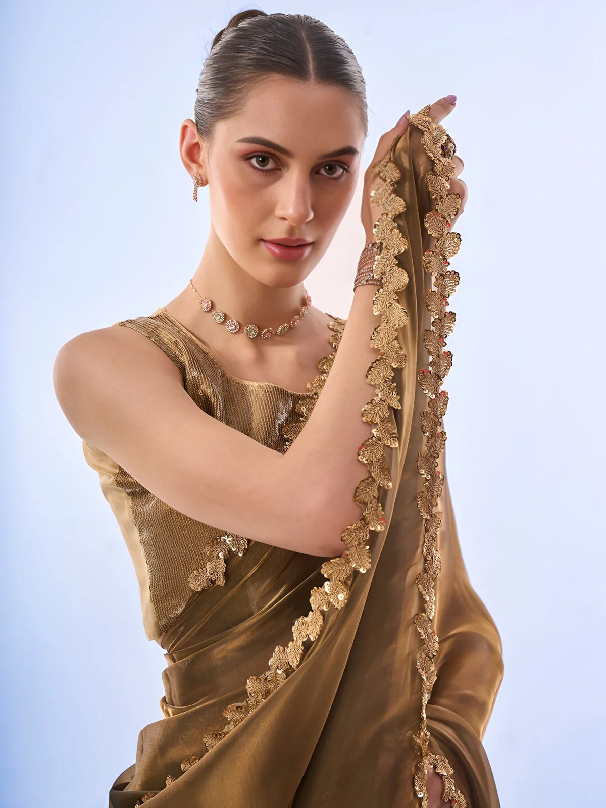 Tarani soft organza saree with close view of gold blouse and lace border in upper body pose