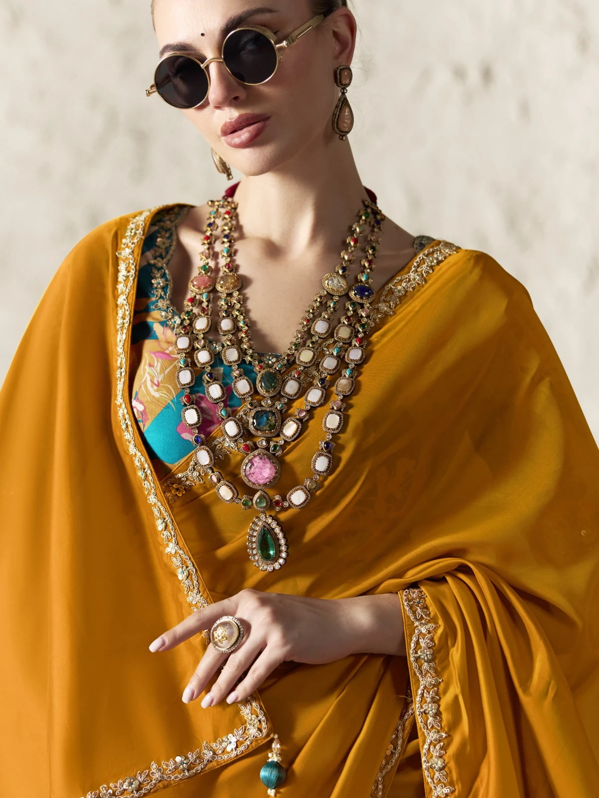 Tarani mustard designer saree with sequins embroidery and printed blouse upper body view