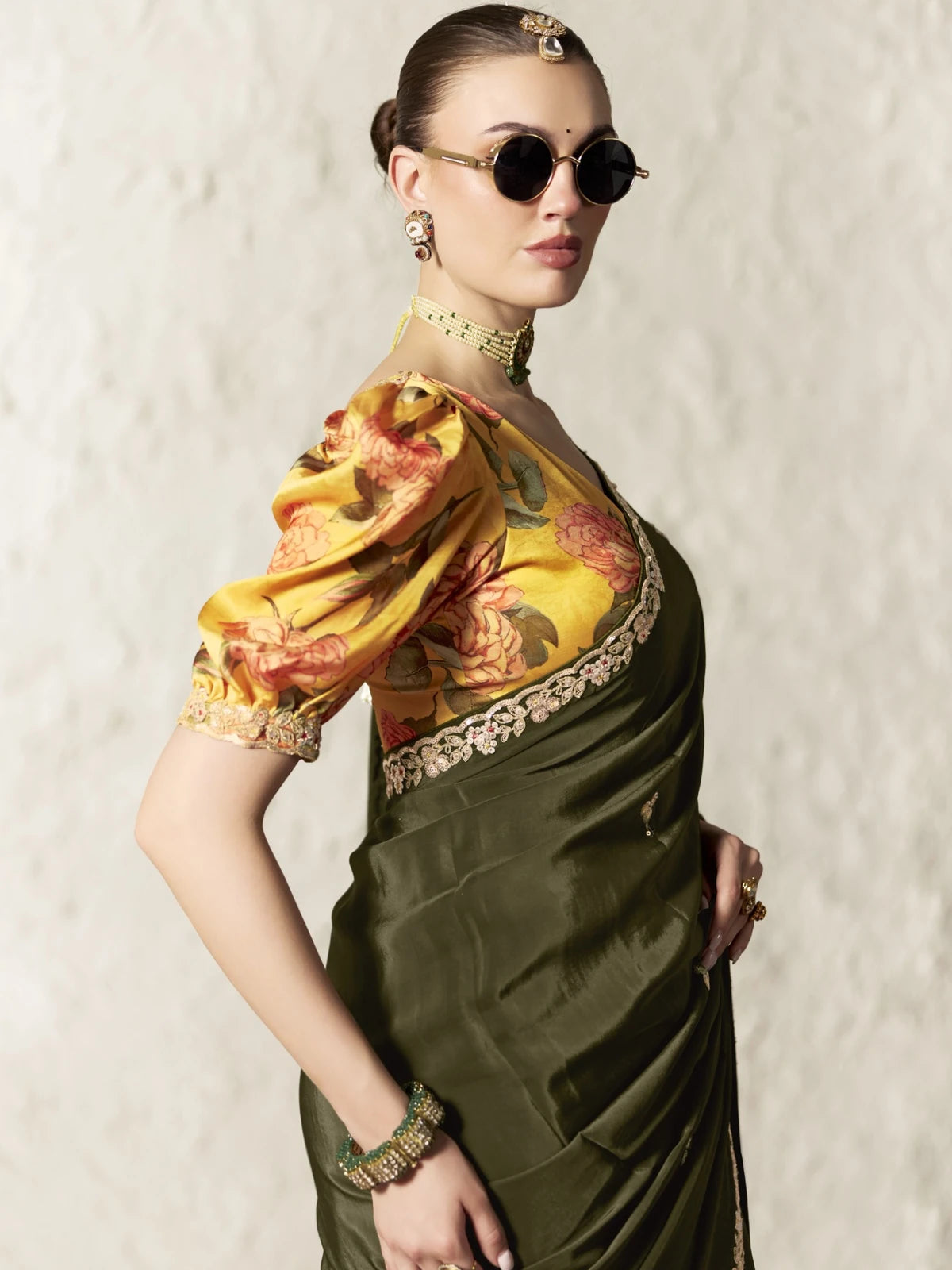 Tarani olive green designer saree with floral blouse upper body portrait view