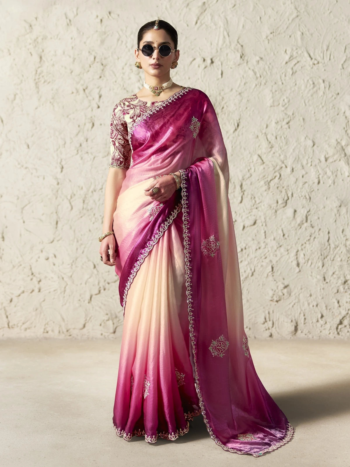 Tarani pink organza saree full view with sequins embroidery and designer blouse for festive party wear
