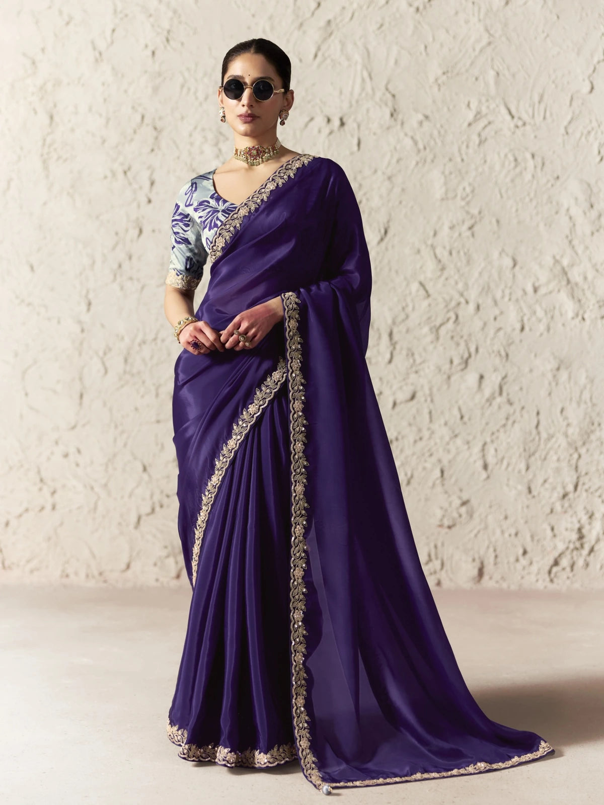 Tarani purple organza saree full view with embroidered border and designer blouse for festive wear