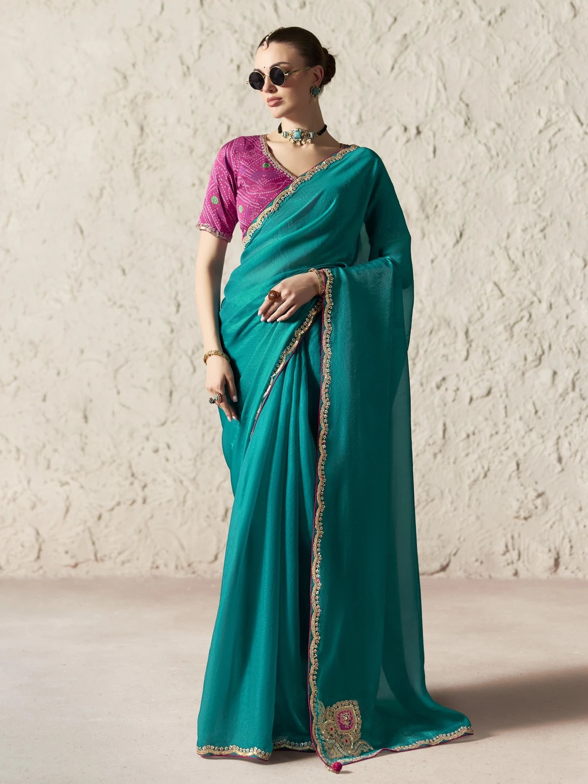 Tarani teal organza saree with embroidered border and pink blouse full view for festive party wear
