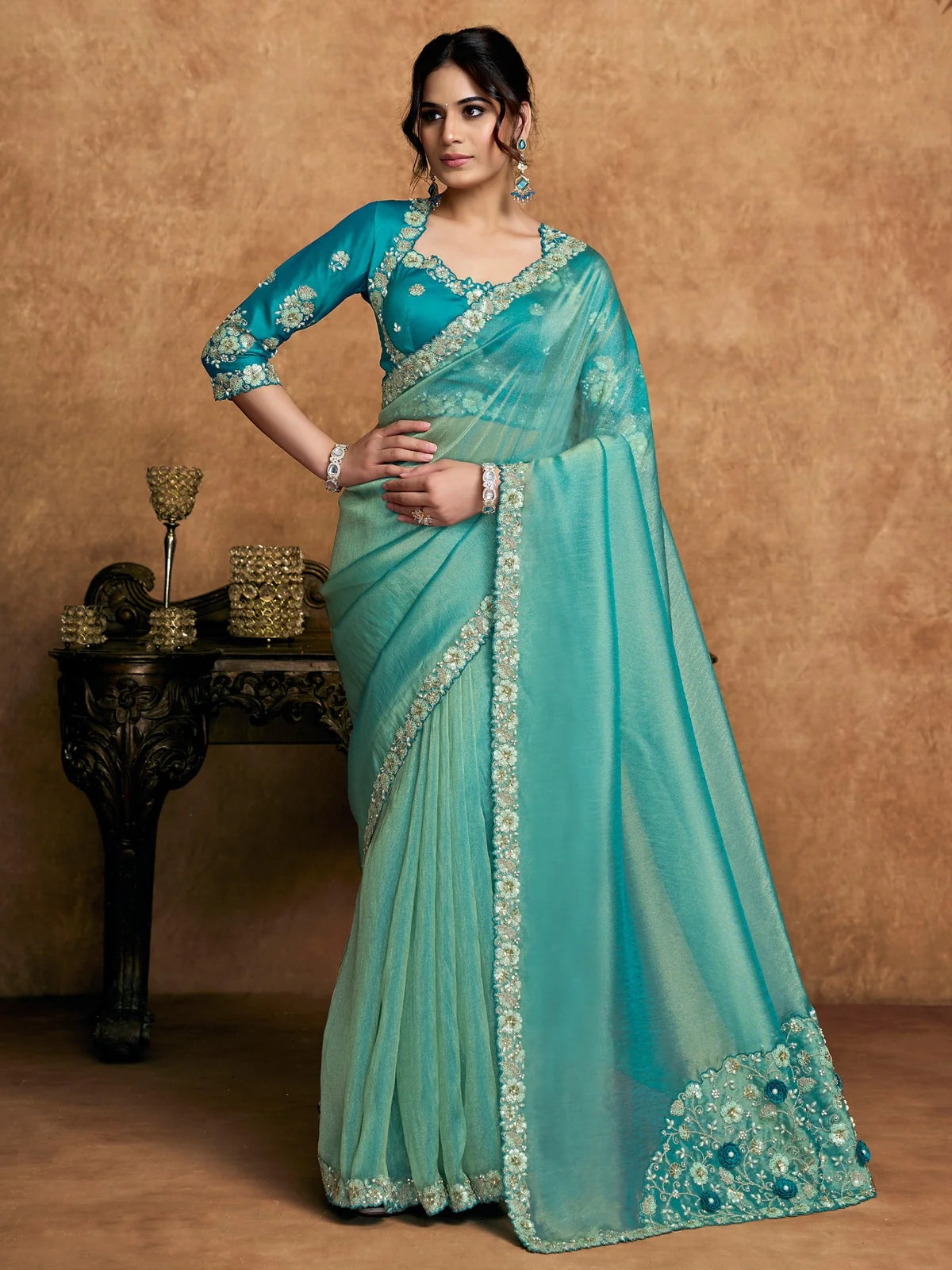 Tarani teal Zari Organza Satin saree with sequin pearl stone embroidery full view Archaya