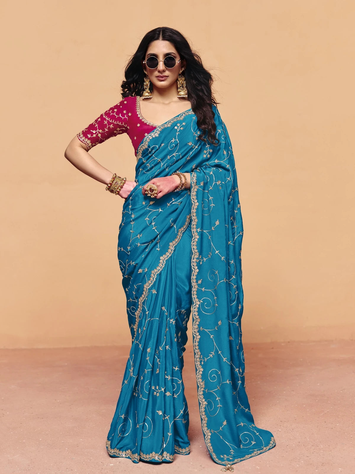 Tarani blue organza satin saree with sequince embroidery full view party wear look